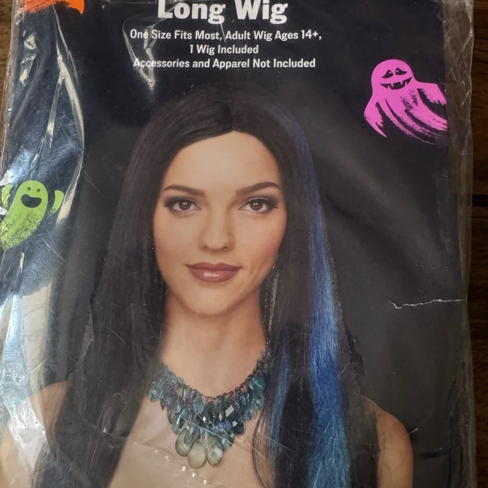 WOMANS Long Black Costume Wig with Blue Highlights adult 14+